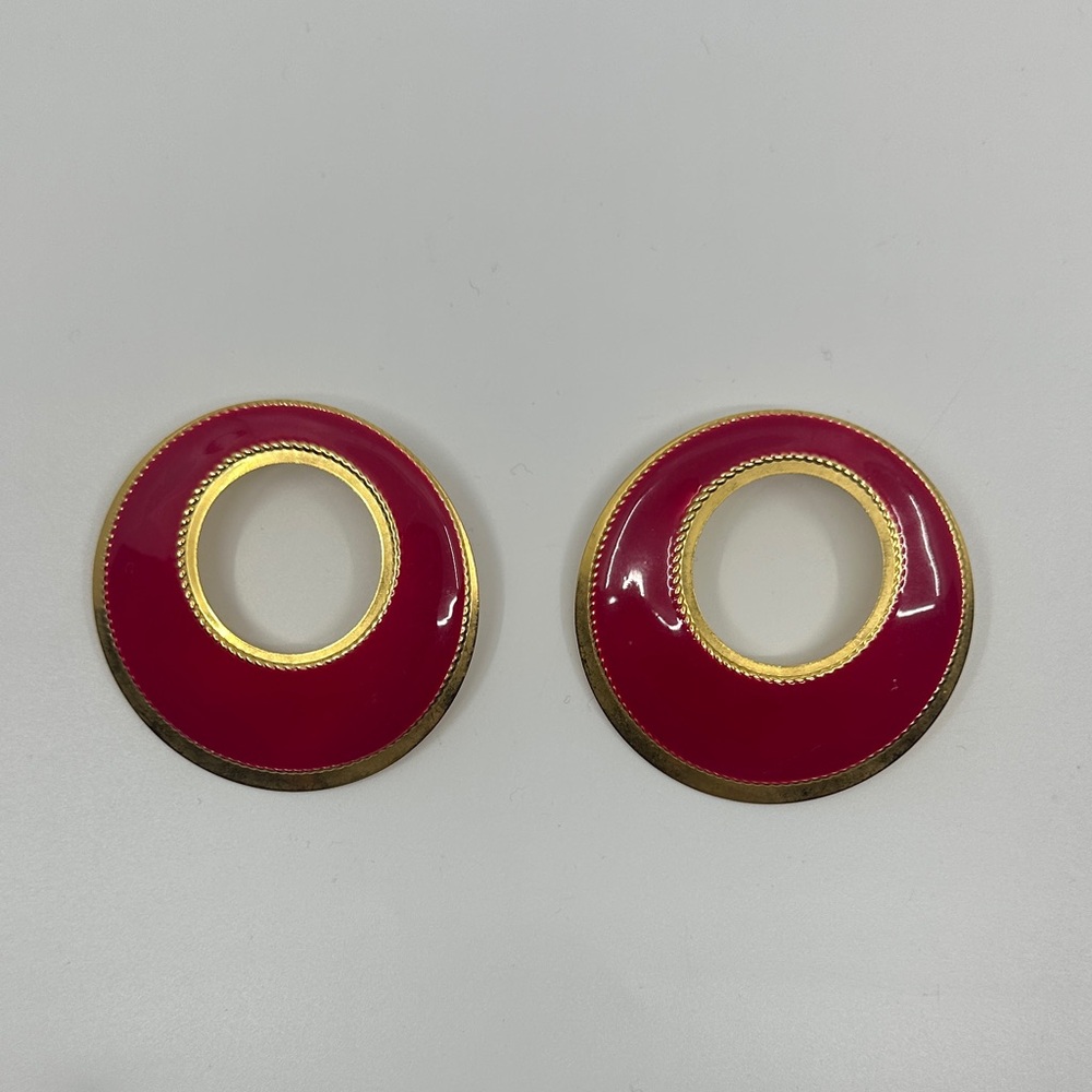 Vtg Huge Large Pink and Gold Circular Pierced Earrings